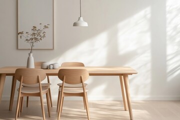 Modern dining room interior design with wooden furniture and natural light