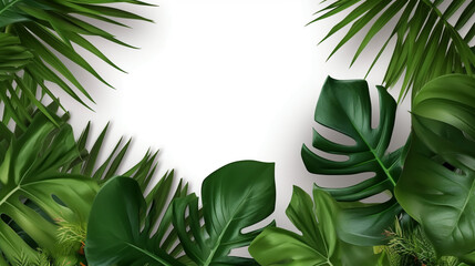 Fototapeta premium Tropical foliage against white backdrop monstera leaves and flowers background Plant foliage jungle bush floral arrangement isolated on white background