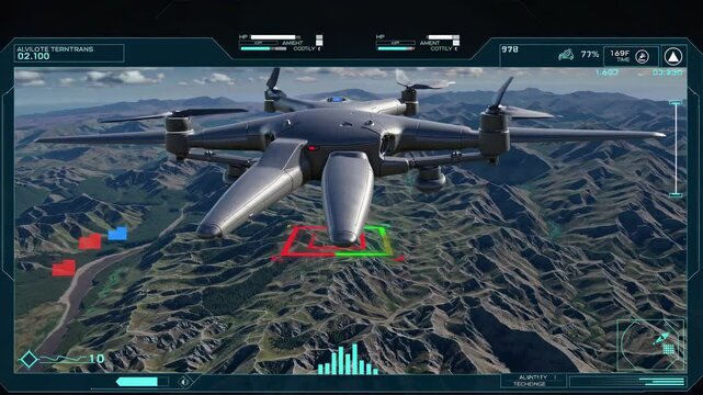 Exploring drone technology in mountainous terrain for mapping and surveillance operations. Futuristic in hud, fui, gui, vfx style.