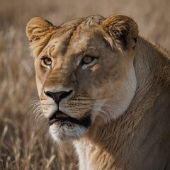 Obraz premium A lioness with a protective look, white background.