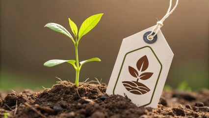 Ethical Consumption - A growing plant beside an eco-friendly product tag, symbolizing sustainable growth and environmentally responsible branding. Ideal for promoting green products and conscious cons