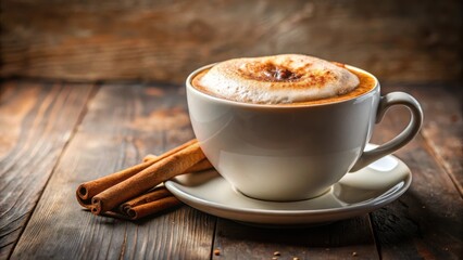 Richly textured creamy cup filled with steaming hot cappuccino topped with a generous dollop of frothy foam and a sprinkle of cinnamon, beverage, cozy