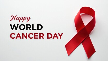A motivational World Cancer Day banner with a clean white background and a vibrant red cancer awareness ribbon in the center.