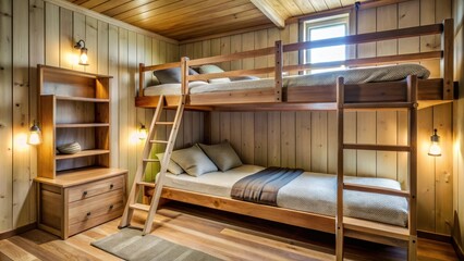 Cozy sleeping nook with bunk beds and ladder leading up to a loft area, ladders, nook
