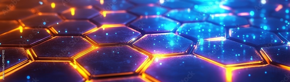 Poster abstract hexagonal grid glowing with blue and orange light.