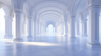White colonnade hallway, sunlit, marble floor, serene background, design