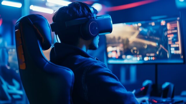 A gamer immersed in a virtual reality gaming tournament, with digital avatars and immersive environments enhancing competitive gameplay, Virtual esports competition scene