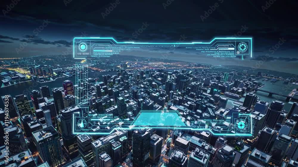 Poster high-tech aerial view displaying advanced targeting system in a futuristic urban setting during dayt