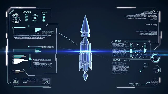 Detailed analysis of advanced missile technology and its specifications in a futuristic interface. Futuristic in hud, fui, gui, vfx style.