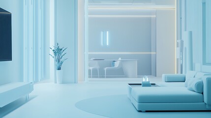 A white room with a blue couch and a white chair