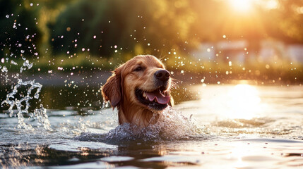Golden retriever swimming in a lake, splashing water under sunlight