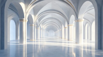 Sunlit Marble Hallway, Arches, Columns, Background Light