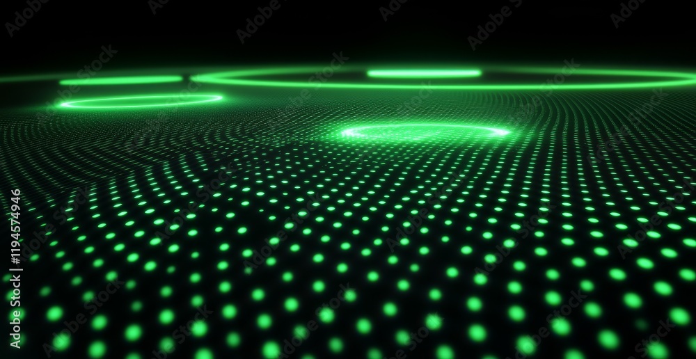 Poster abstract green glowing circles and dots on dark background.
