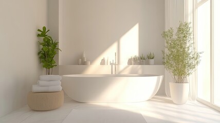 Sunlit minimalist bathroom, plants, towels, bathtub