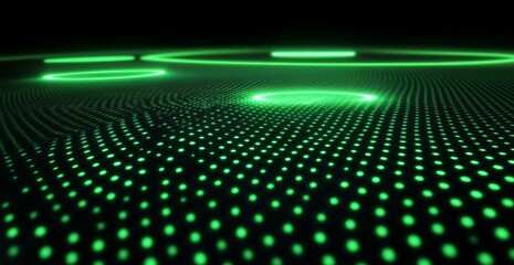 Abstract green glowing circles and dots on dark background.