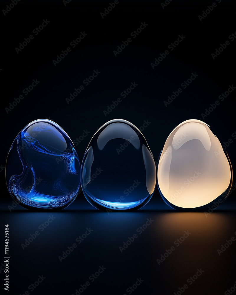 Poster glass blobs in various shapes and colors with smooth surfaces reflecting light