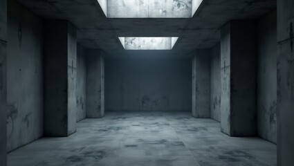 Empty concrete room with square ceiling openings illuminating a dark interior space
