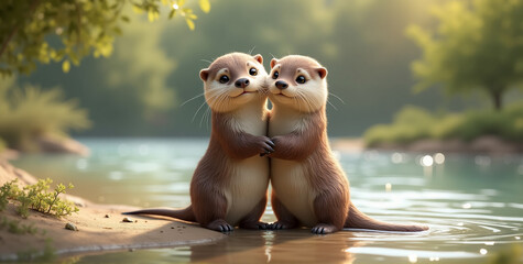 A pair of adorable otters hugging each other near the edge of a sparkling water body on a bright, sunny day