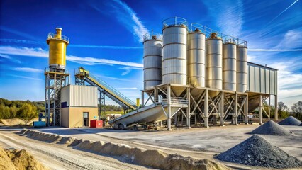 Concrete plant surrounded by gravel, concrete mixing