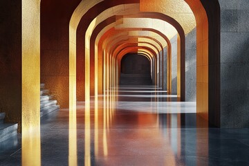 Obraz premium Golden archway hallway, sunlit, modern design, background stairs, interior design