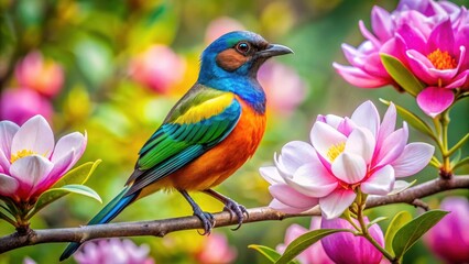 Obraz premium Elegant bird perched on a magnolia tree branch, showcasing vibrant plumage and intricate feathers, serenity, greenery