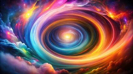 Swirling vortex of colorful light with shades of pink orange yellow blue green and purple hues moving in a mesmerizing spiral motion across a dark background, glowing clouds, colorful spirals