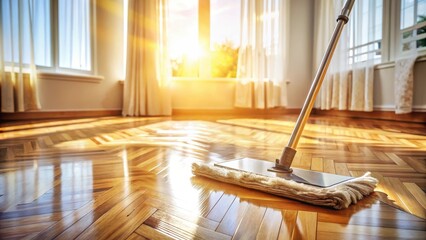 Shiny parquet floor gleams in a sunlit room, with a mop neatly placed beside it, adding warmth and coziness to the space, in sunlit room, cleaning tools