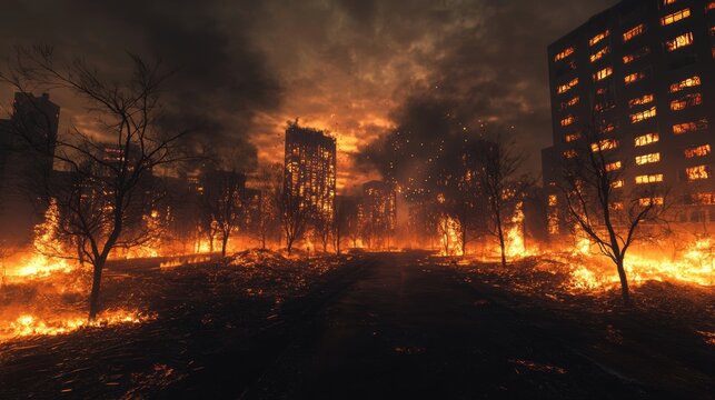 Fiery hellscape 3D environment with a scary, dramatic atmosphere. 
