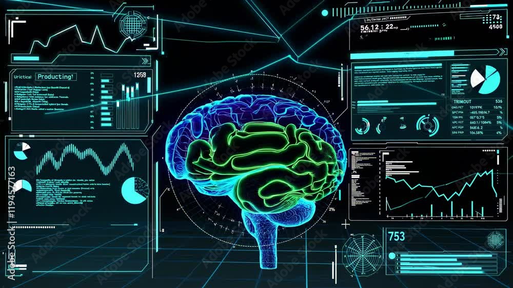 Poster exploring the concepts of artificial intelligence and brain activity through colorful data visualiza