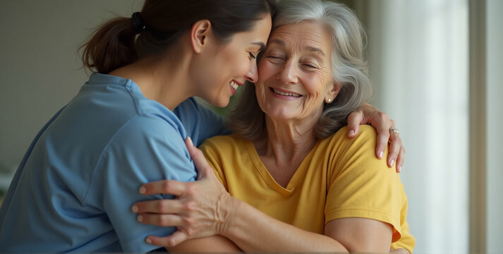 A young woman dressed in blue scrubs gently embraces an elderly woman wearing a yellow shirt