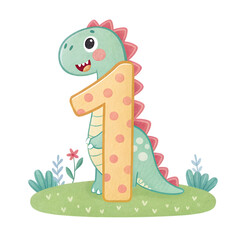 Naklejka premium 1 number with dinosaur cartoon style