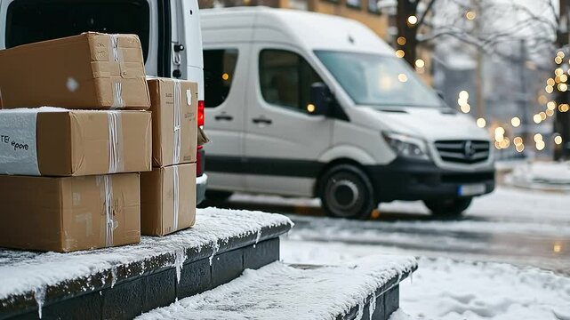 Delivery Driver Slipping on Icy Steps with Van Background