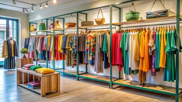 Fashionable clothing items displayed on racks in a trendy boutique storefront with vibrant colors and eclectic styles , boutique display, upscale shop