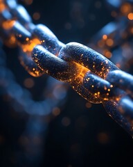Glowing metallic chain link close-up.