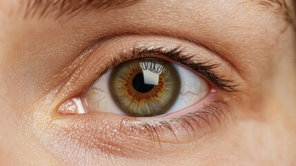A close-up of a human eye showcasing intricate details, including a mix of colors in the iris and natural skin tones around it.