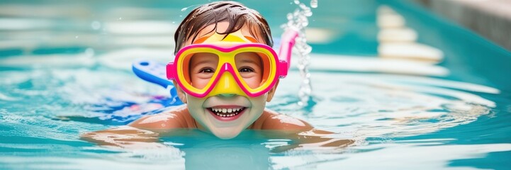 Naklejka premium A smiling child wearing bright pink and yellow goggles plays in a pool, holding onto the edge. Clear water, cheerful vibes, and summer fun