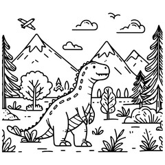 line art dinosaur, mountains and trees coloring page vector simple