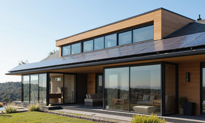Mocha Musse solar-powered glass panels integrated into the roof or walls, harvesting energy from sunlight and transforming it into electricity.