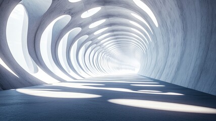 Obraz premium Concrete spiral tunnel, futuristic design, bright light, background sky, architectural concept