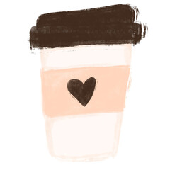 hot coffee paper cup with heart shape logo in beige cream color watercolor doodle crayon digital sticker png transparent clipart cutout valentines