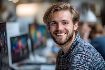 Fototapeta premium Creative graphic designers at work, showcasing teamwork, creativity, and professionalism in a modern workspace. Ideal for marketing, career articles, or design industry campaigns