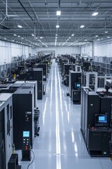 Obraz premium Modern industrial factory interior with advanced machinery and robotics setup