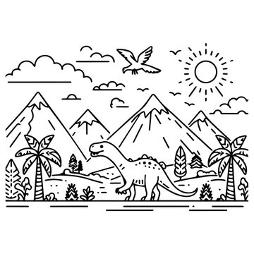 recommend clip art: line art dinosaur, mountains and trees coloring page vector simple