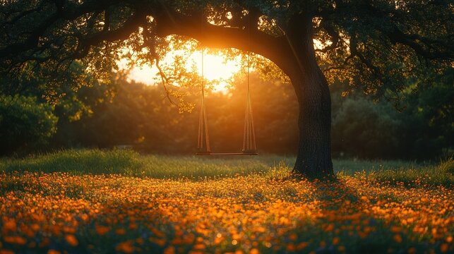 Sunlit swing under majestic oak tree in tranquil meadow at golden hour