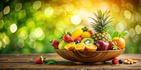 Tropical Fruit Bowl on Green Background with Blurred Bokeh and Golden Accents, photography, tropical fruit