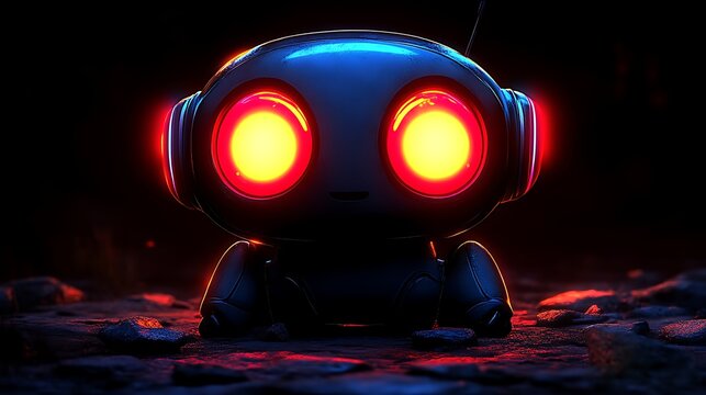 Cute glowing robot in dark scene.