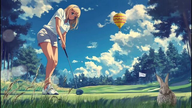 A girl playing golf in a field with hot air balloon in the sky, anime style. Looping video animation.