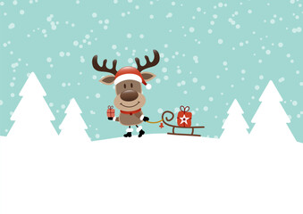 Rentier Zieht Schlitten Mit Geschenk Schnee Und Wald Türkis Dunkelrot