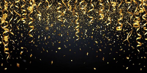Confetti Falling Over Black Background with Gold Streamers , festive atmosphere