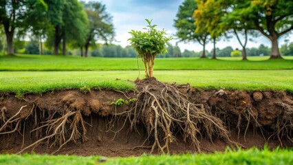 A lawn with visible roots and soil exposed after heavy rainfall, lawn, landscape,  lawn, landscape